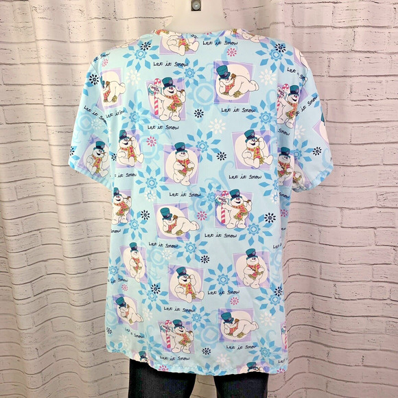 Frosty Snowman Let It Snow Scrub Top XL Women 2 Pocket AOP Medical Cartoon - Picture 5 of 5